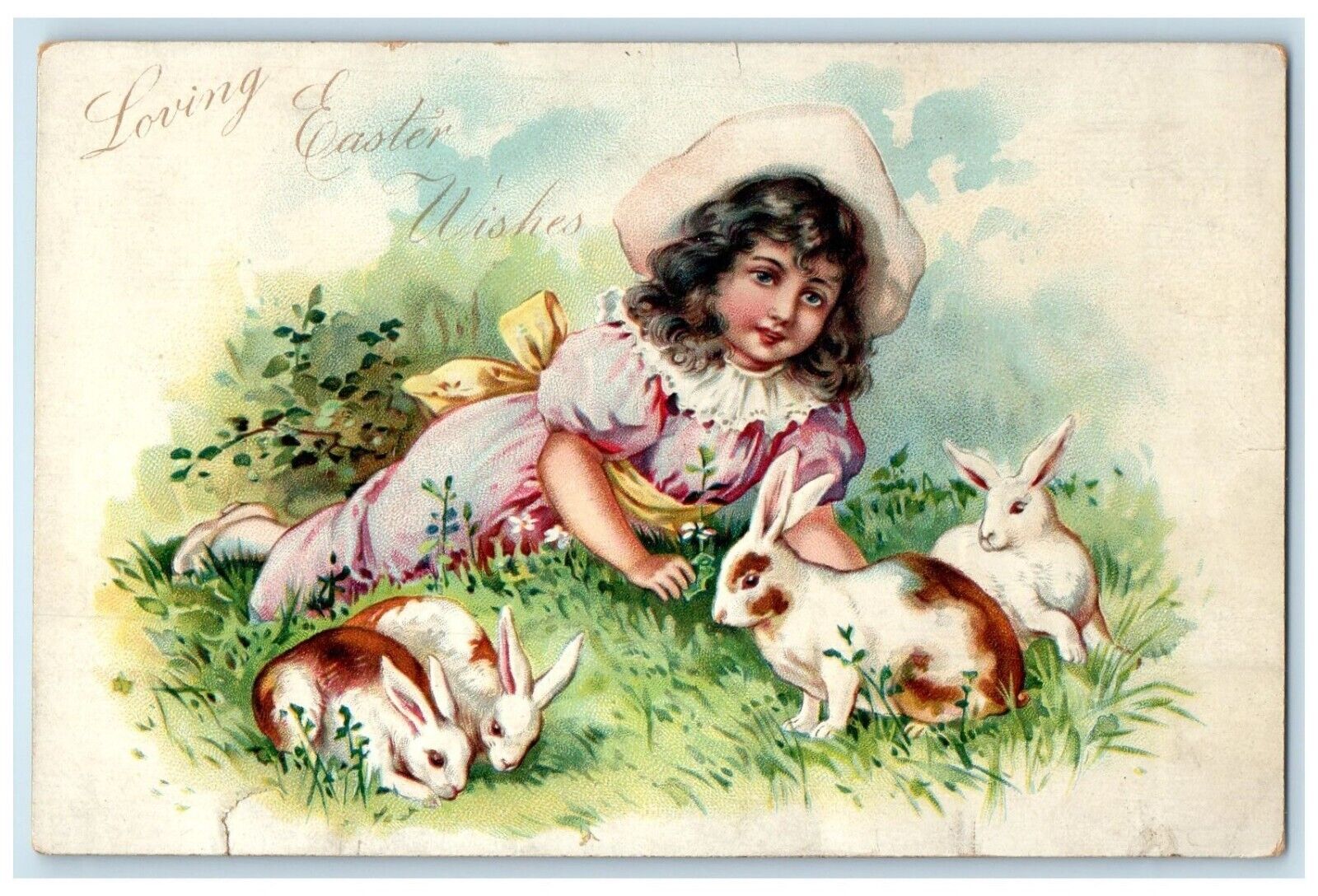 c1905 Easter Wishes Girl And Bunnies Rabbit Embossed Tuck\'s Antique Postcard