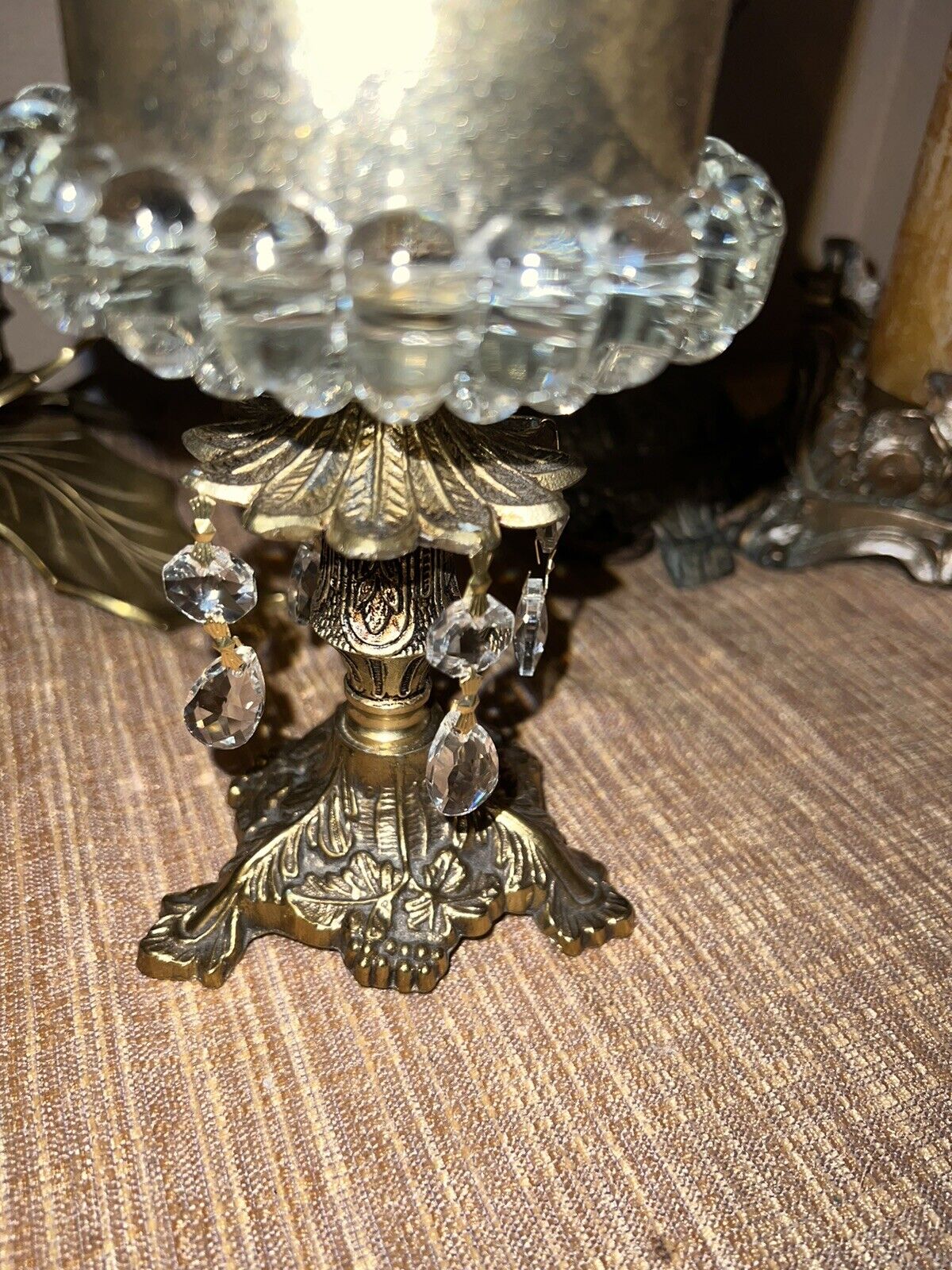Vintage Brass Hollywood Regency Candlestick Holders Crystal