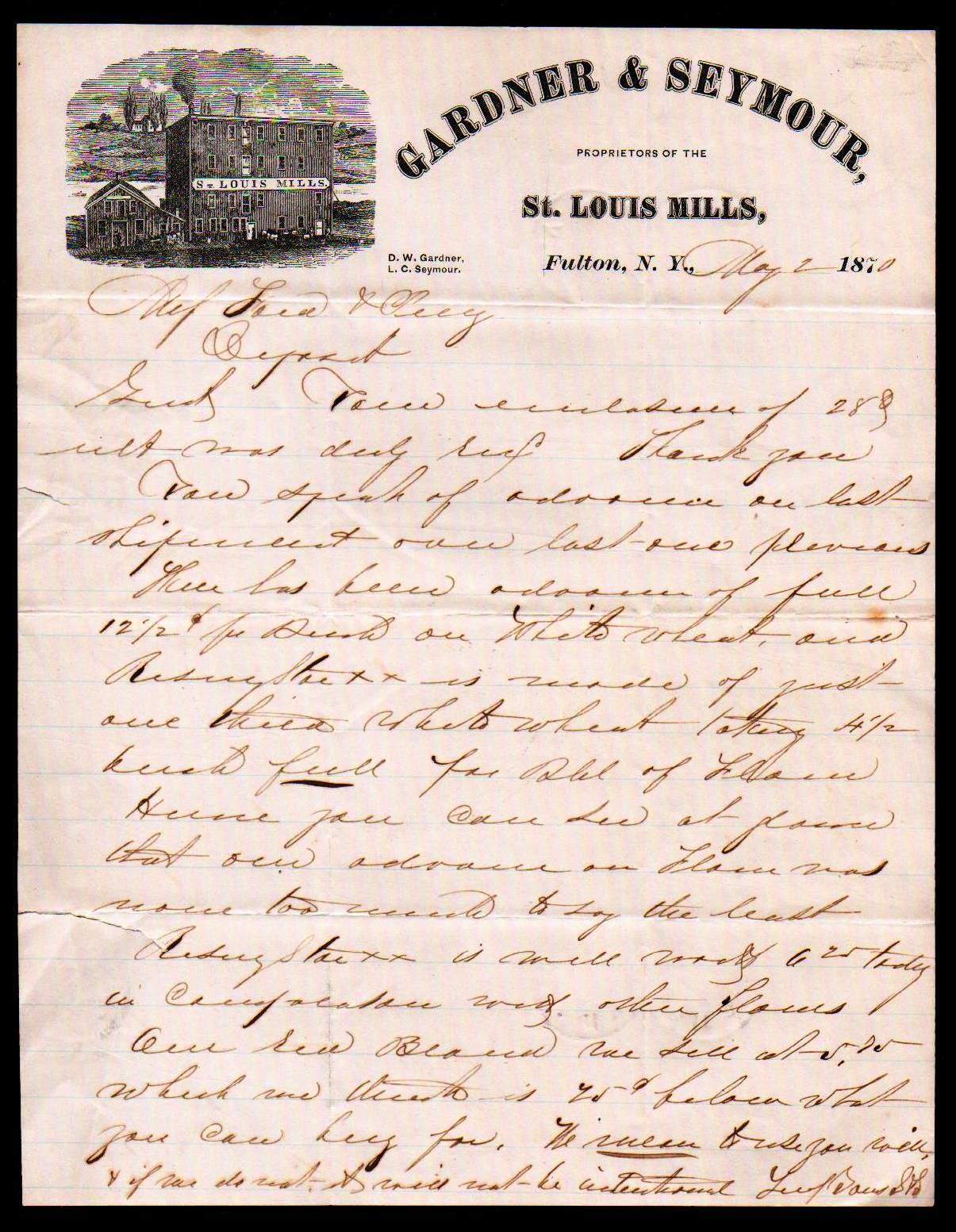 1870 Futton NY - Gardner & Seymour - St Louis Mills - History Letter Head Bill