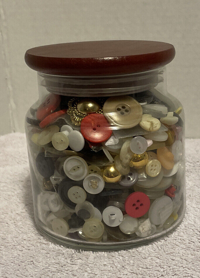 Buttons In Glass Jar With Wooden Lid Unsearched Vintage Antique Retro