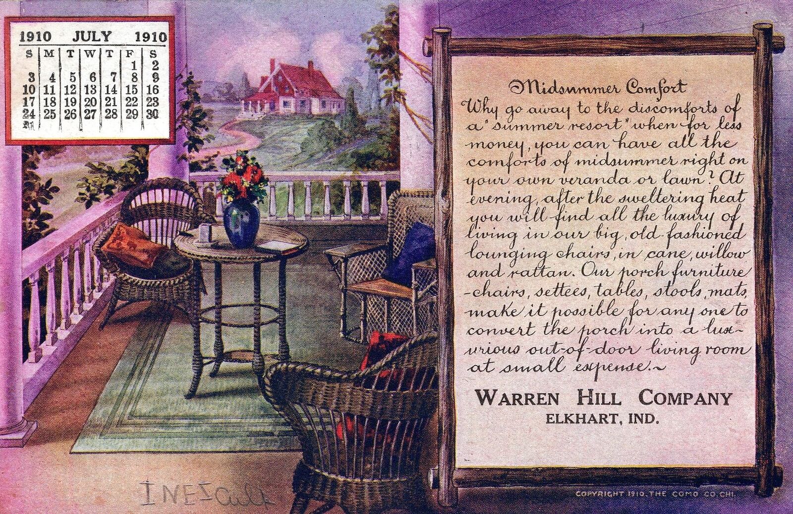 ELKHART IN - Warren Hill Company July 1910 Midsummer Comfort Calendar Postcard