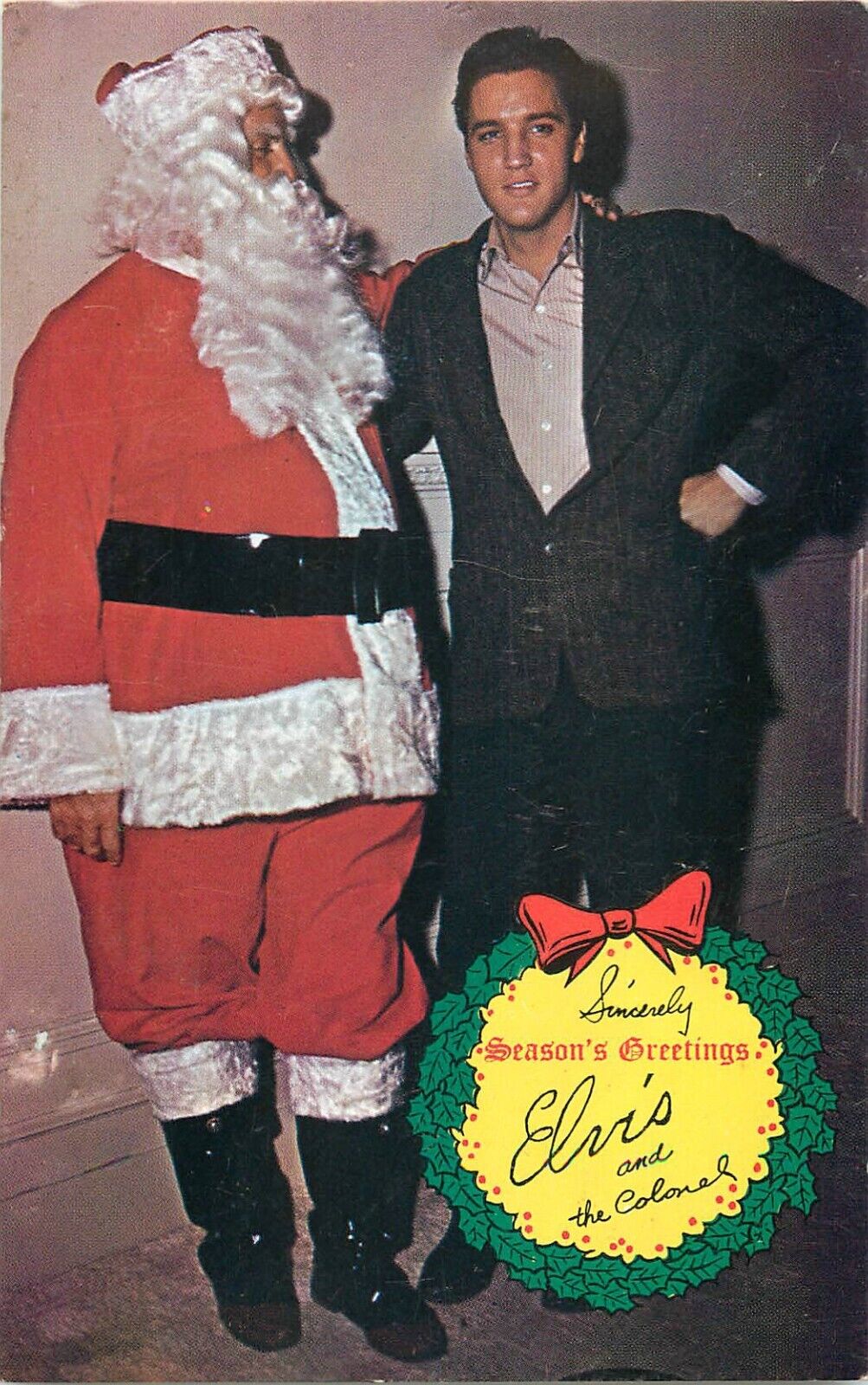 Elvis Presley & Colonel Parker 1960s Season's Greetings Santa Christmas Postcard