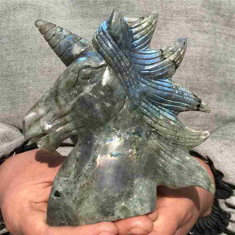 550g Natural Labradorite Quartz Hand Carved Unicorn Skull Crystal Healing Decor 