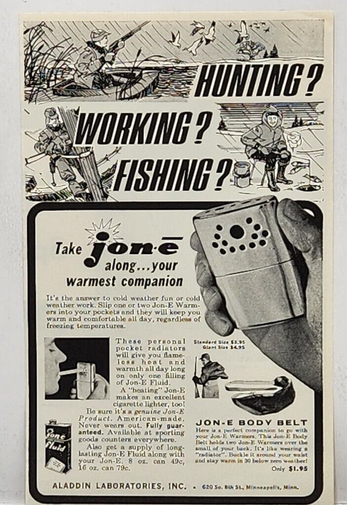 1964 Aladdin Laboratories Jon -E Warmers Fishing Hunting Print Ad Minneapolis MN
