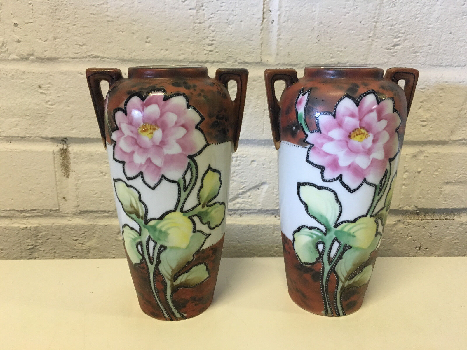 Antique Nippon Takito Pair of Porcelain Vases w/Hand Painted Pink Flowers Dec.