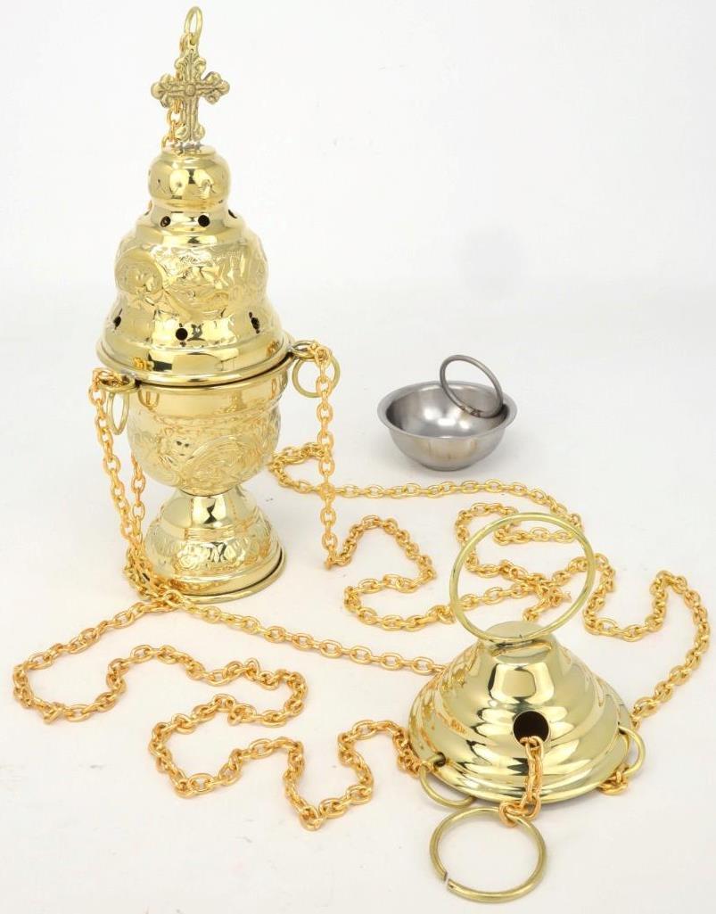 Polished Brass Hanging Embossed Censer Thurible With Insert for Church 9 In