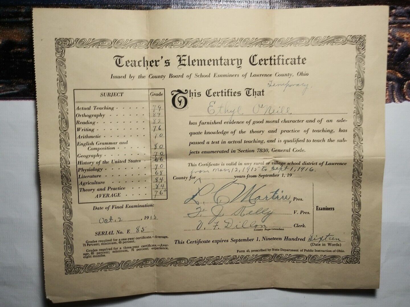 Antique 1915 Teacher's Elementary Temporary Certificate Lawrence County OH.