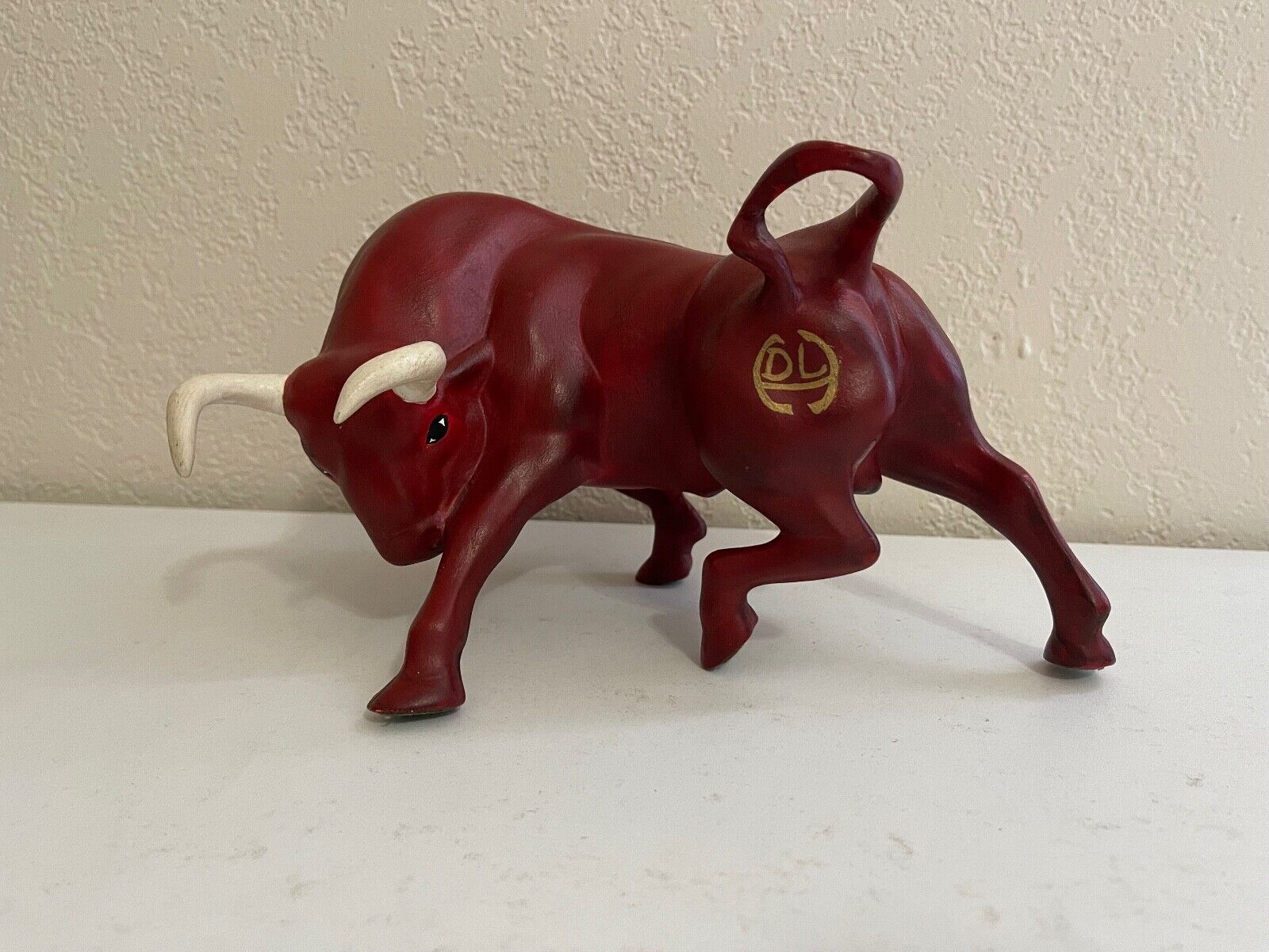 Vintage Red Painted Ceramic Bull Figurine Signed HDL