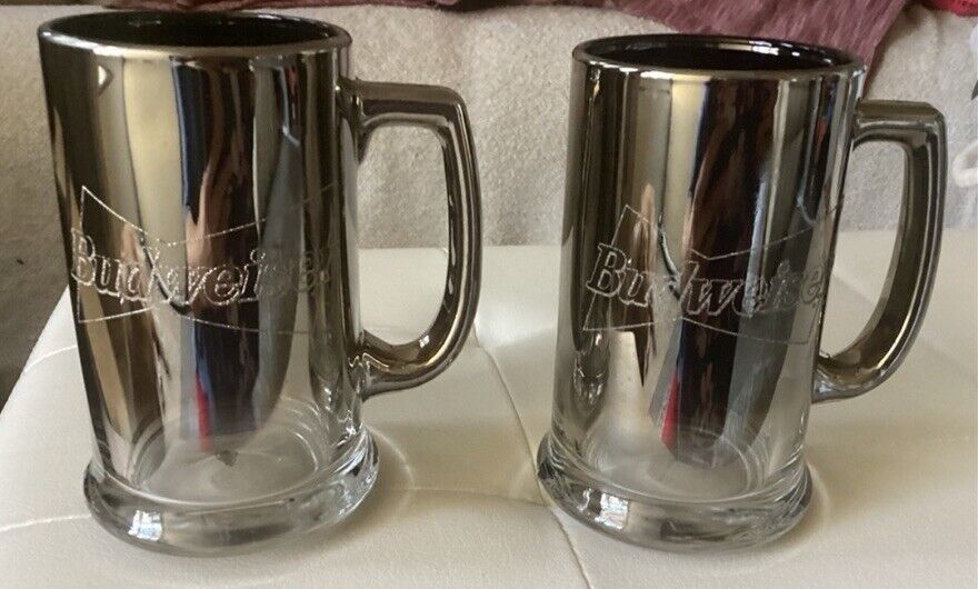 2 Budweiser Silver Fade Mercury Beer Stein Glass Mug Pint Vintage Metallic 1997