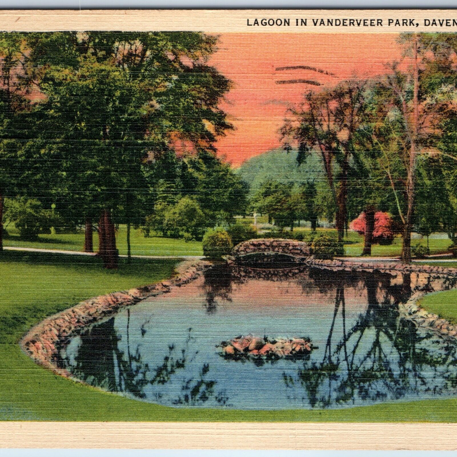 c1940s Davenport, IA Vanderveer Park Lagoon Stone Pond Bridge Sunset Vtg PC A247