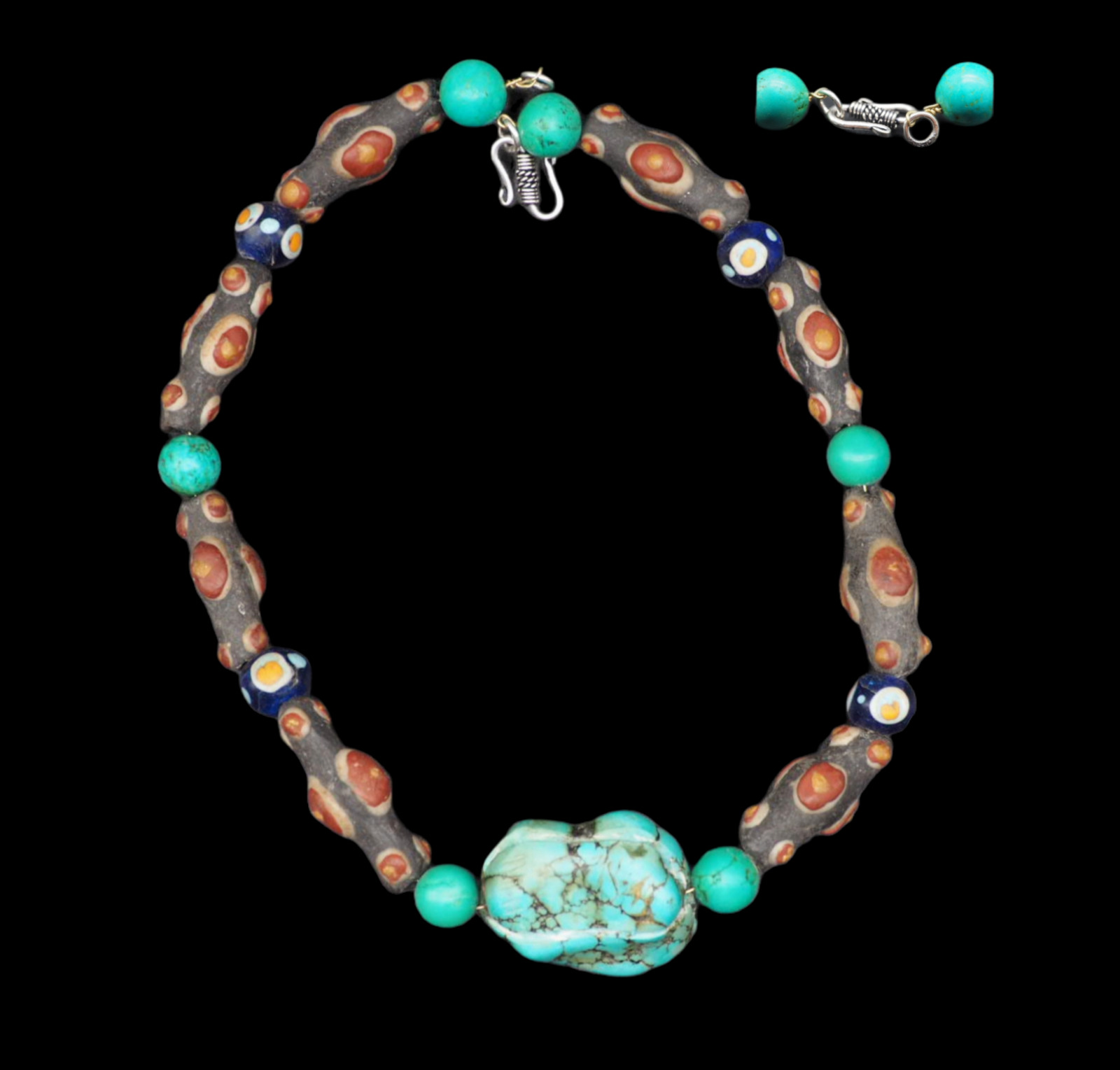 Ancient Roman Mosai Glass Bead, Vintage Giant Turqouise Bead Wire Necklace #A816