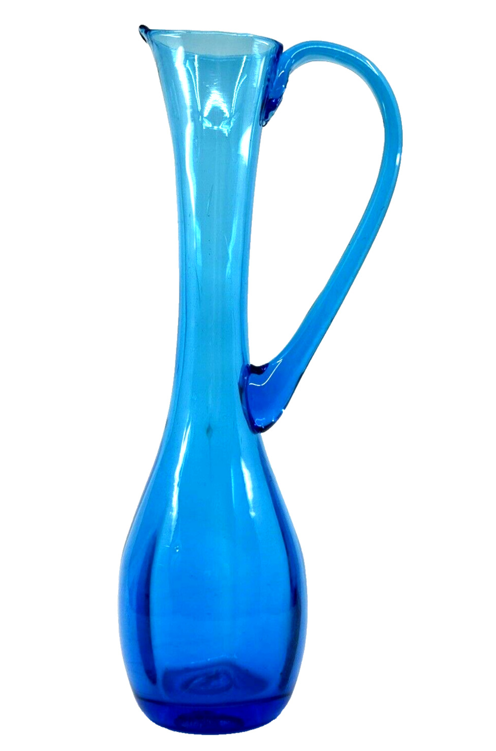 Vintage MID-CENTURY Art Glass TEAL BLUE Vase PITCHER Applied Handle MCM Blenko ?