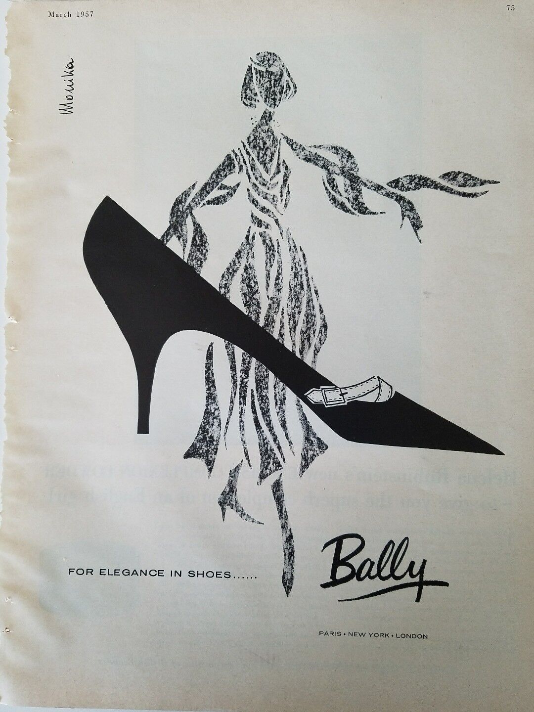 1957 BALLY Paris New York London for Elegance in women's shoes ad