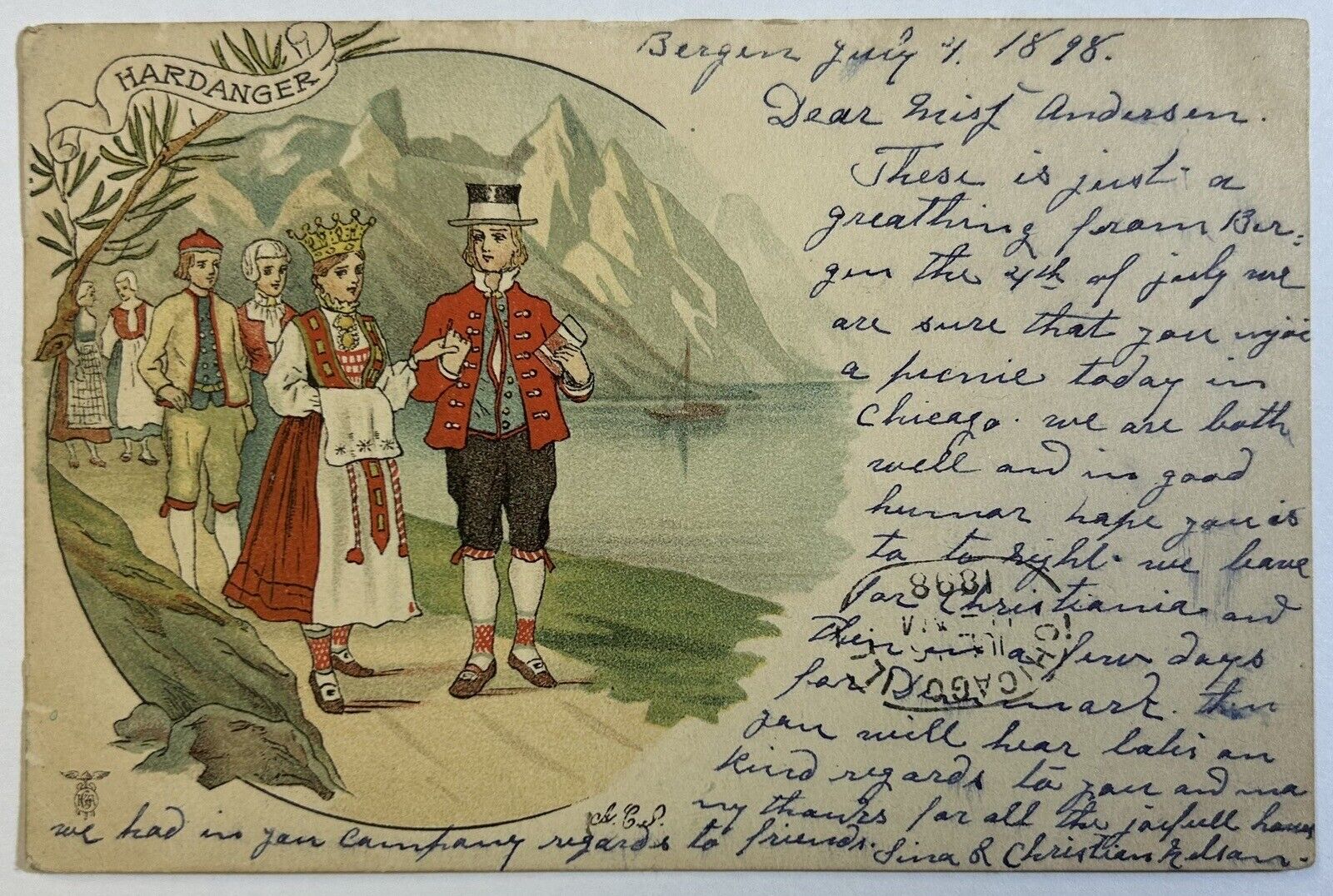 1898 Hardanger Postcard, Antique Posted Cartoon Card Norge Stamp, Chicago