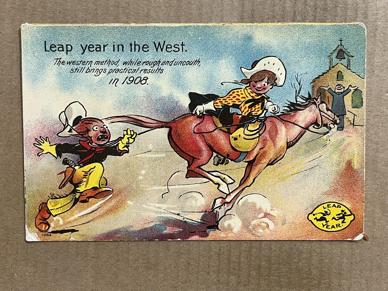 Postcard Comic Humor 1908 Leap Year Western Cowboy Cowgirl Horse Church Vintage