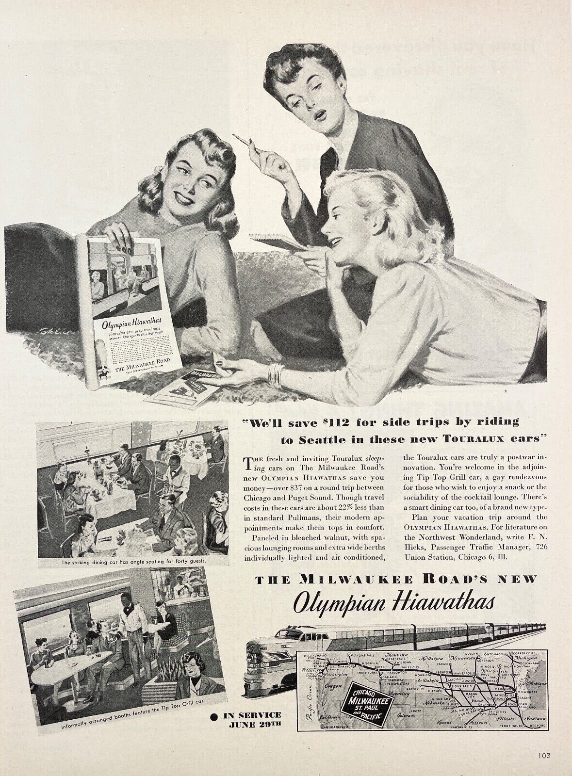 1947 The Milwaukee Road Railroad Olympian Hiawathas Train Car Vintage Print Ad
