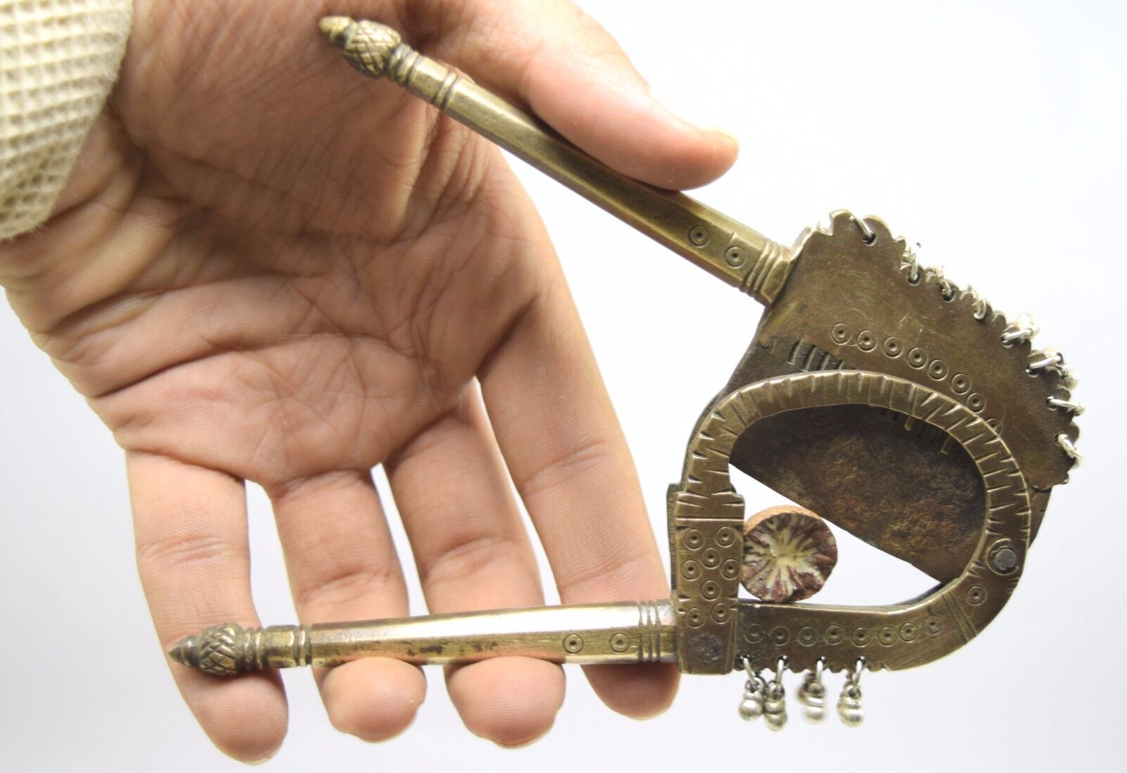 Rare Indian Vintage Solid Brass Areca Nut Cutter Chiming Silver Bells.i12-198 