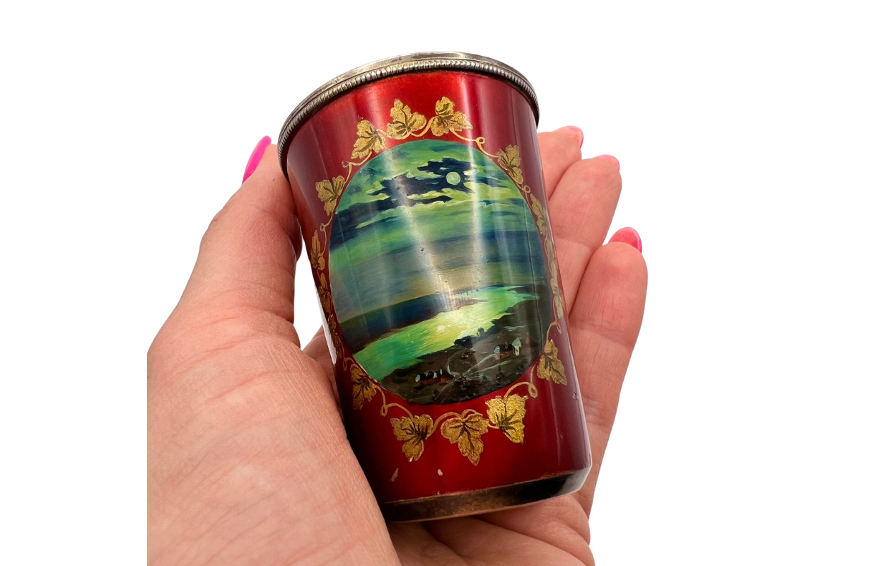 Vintage Small Red Cup Of Gilt Sterling Silver 875 Marked Landscape Ussr Colored