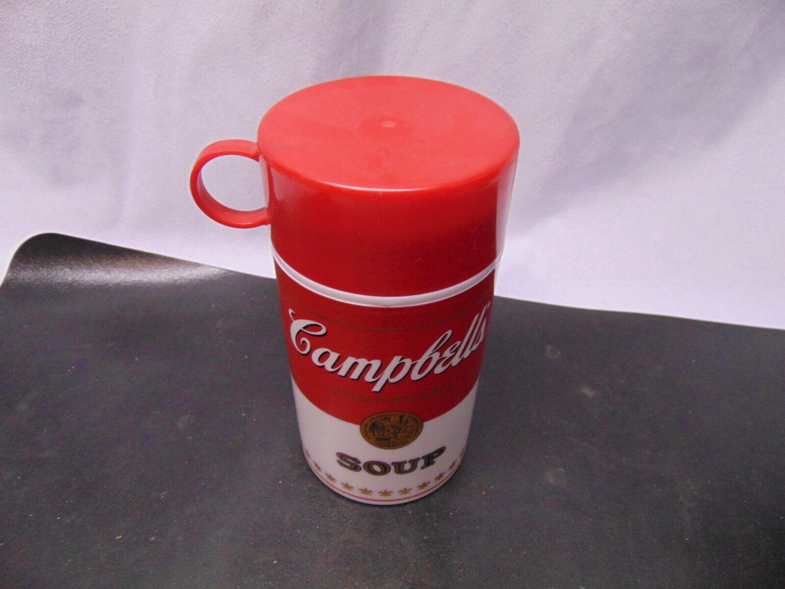 1998 Campbell\'s Soup Thermos plastic red & white w/ campbell\'s logo 6 1/2\
