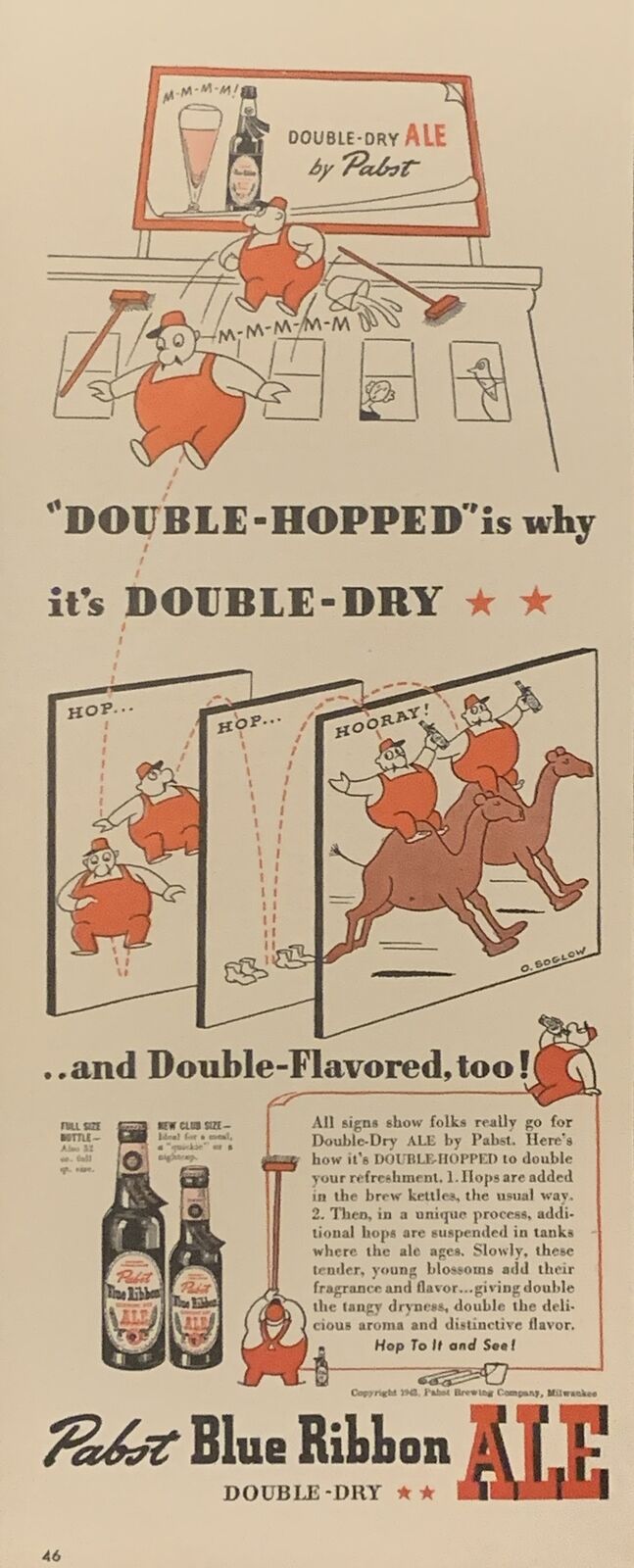 1942 Pabst Blue Ribbon Beer Double Dry Ale Comic Ride Camels VTG 1940s PRINT AD