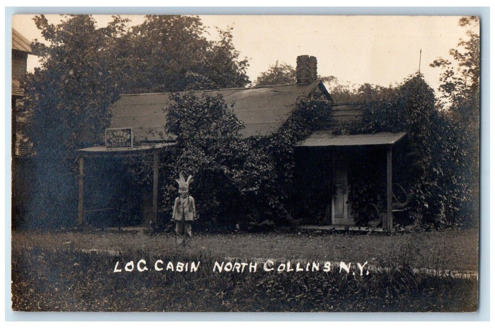 c1910's Log Cabin GAR Child Native American North Collins NY RPPC Photo Postcard