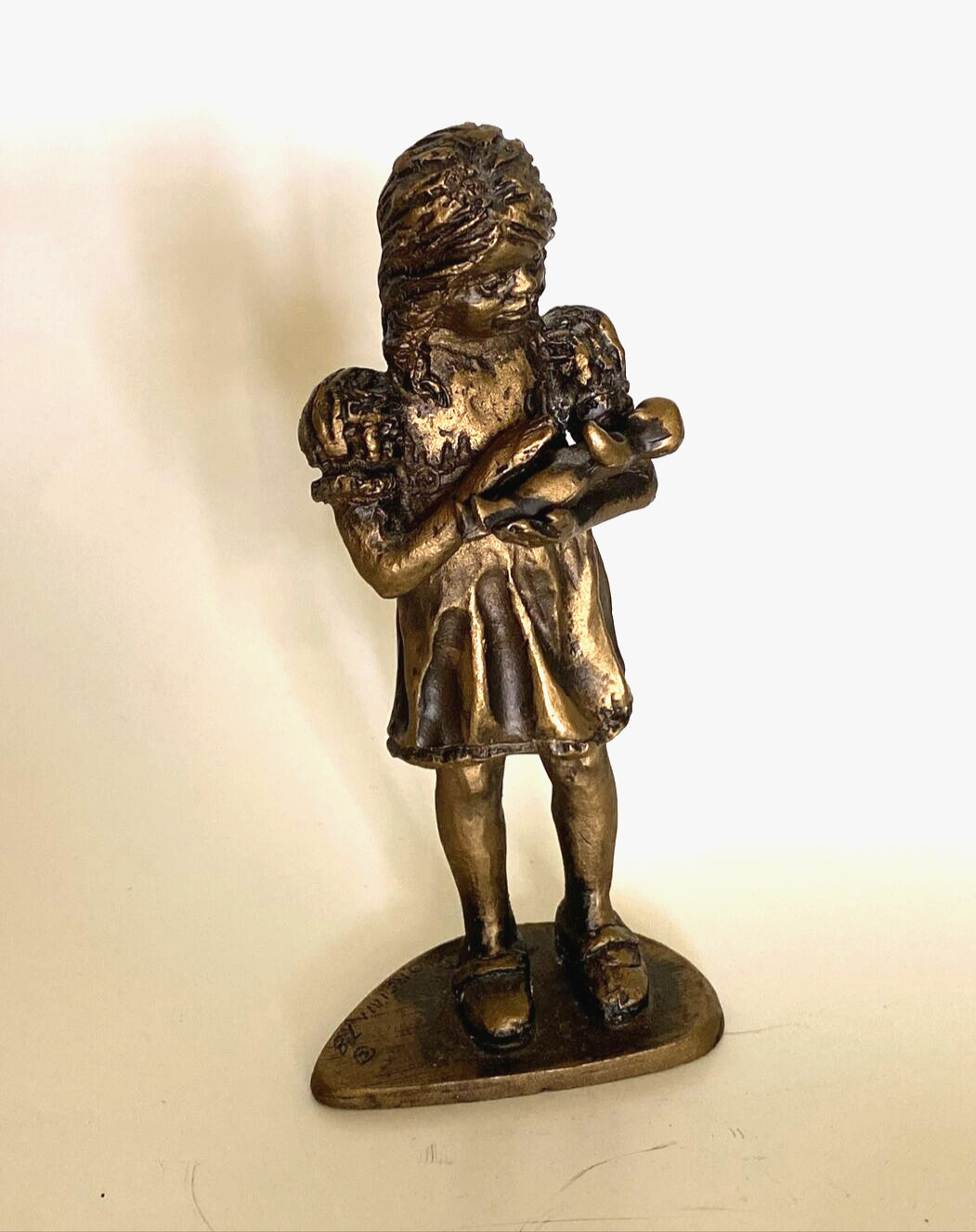 Vintage Girl With Baby Doll Cast  Metal Figure With Bronze Finish Statue 4.25”