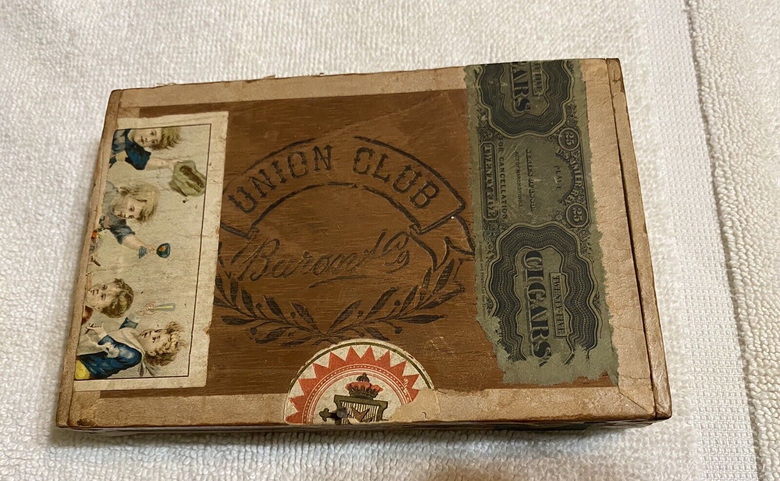 Antique Union Club Cigar Box with Children Smoking Cigars and Celebrating