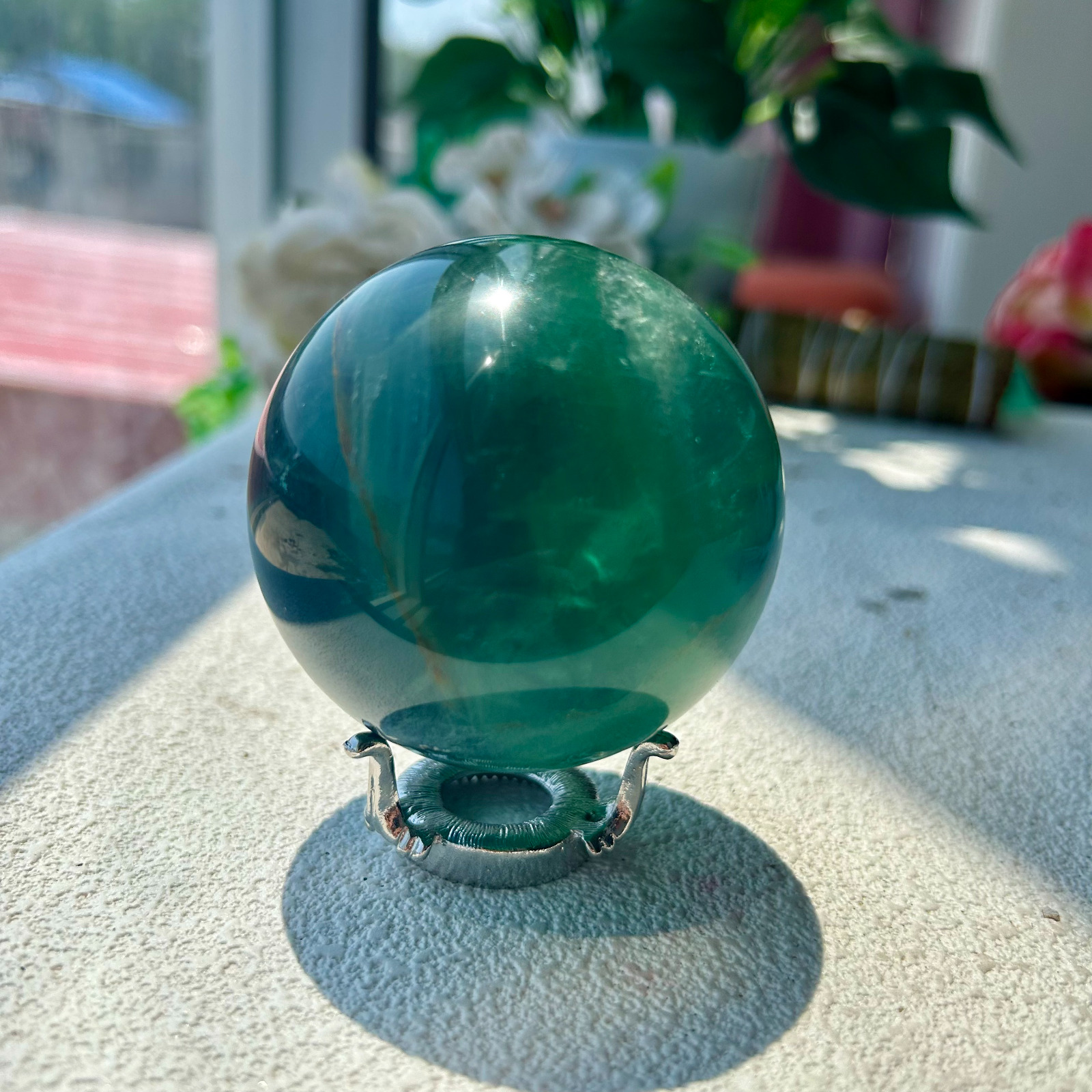 420g Natural Deep Green Fluorite Sphere Quartz Crystal Ball Healing 63mm 8th