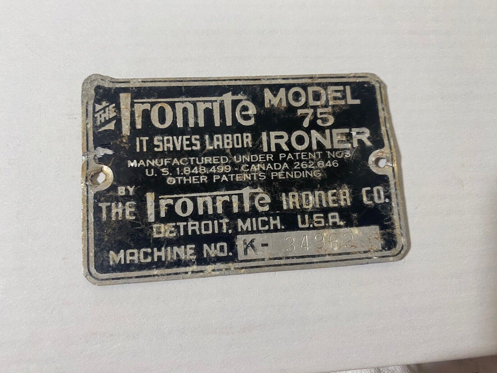 Vintage Ironrite Co Detriot Model 75 Ironer Metal Badge Name Data Machine No Tag