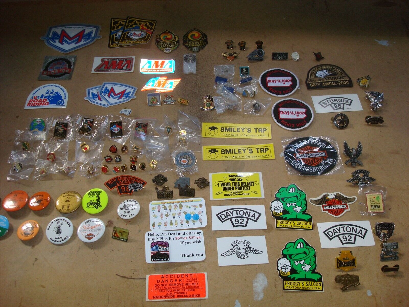 Approximately 100-piece Lot of Motorcycle patches, stickers & pins 