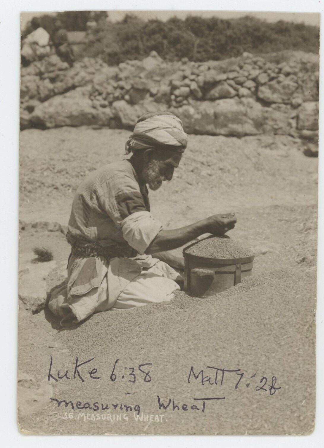 Vintage RPPC Farmer Measuring Wheat Holy Land Palestine Jerusalem 1920s