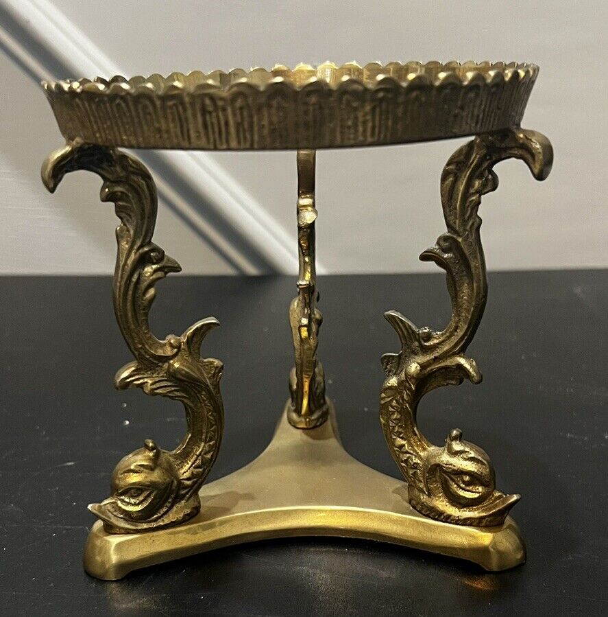 Vintage Ornate Brass Stand Candle Bowl Holder Fish Pattern