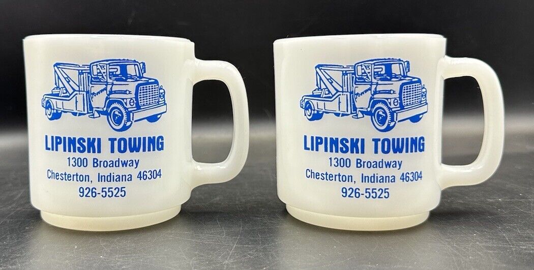Vintage Lipinski Towing Truck Glasbake Mugs RARE Tow Chesterton Indiana 2  Cups