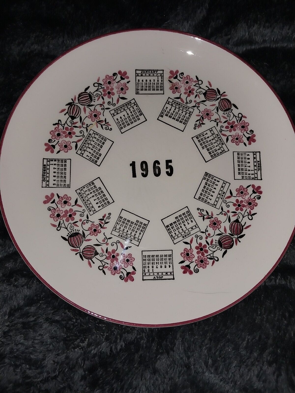 Vintage Collector Plate 1965 Calendar Birthday  Pink & Black Floral 10” Glass