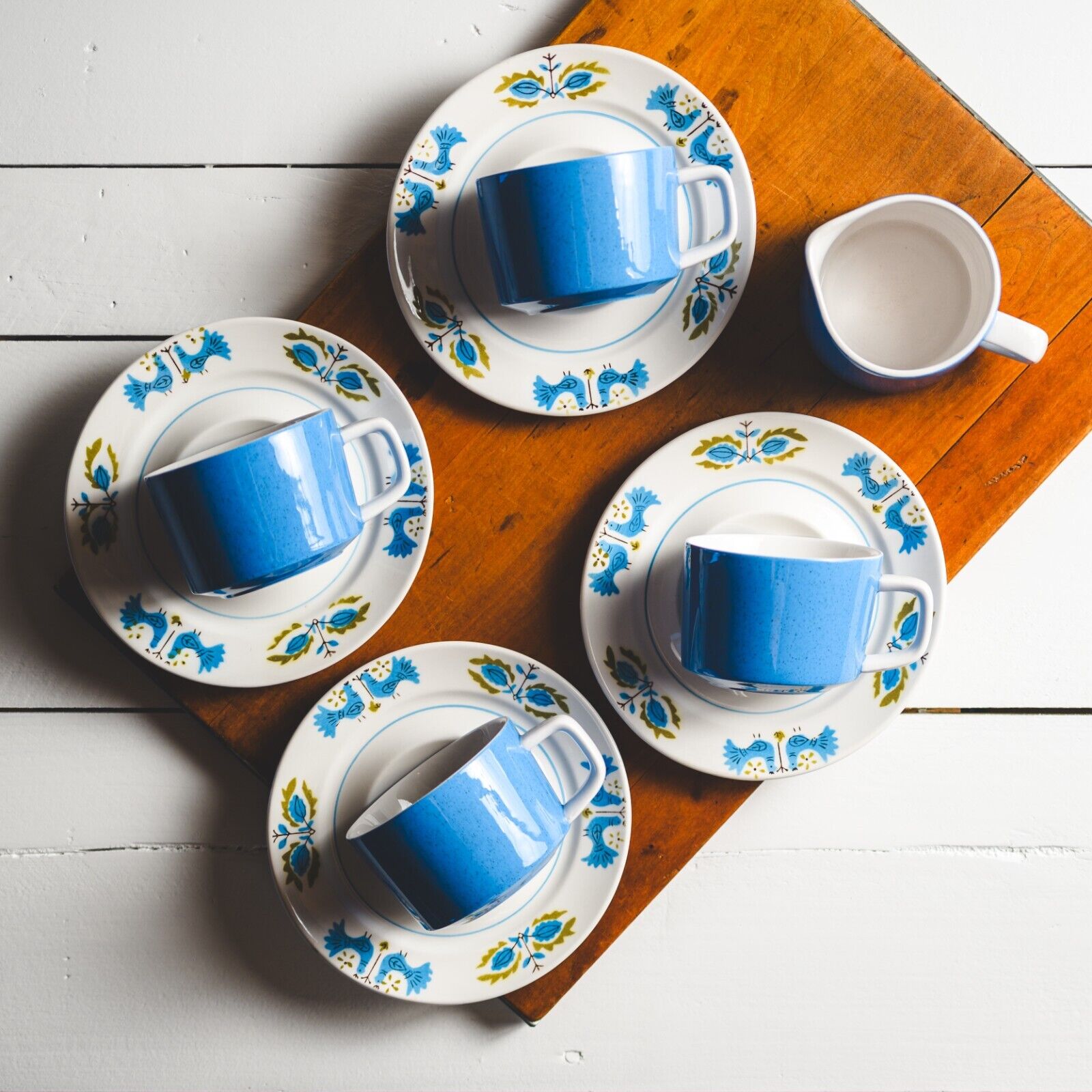 Vintage MIKASA Mediterrania BLUE BIRD coffee cup & saucers MCM (4) + CREAMER
