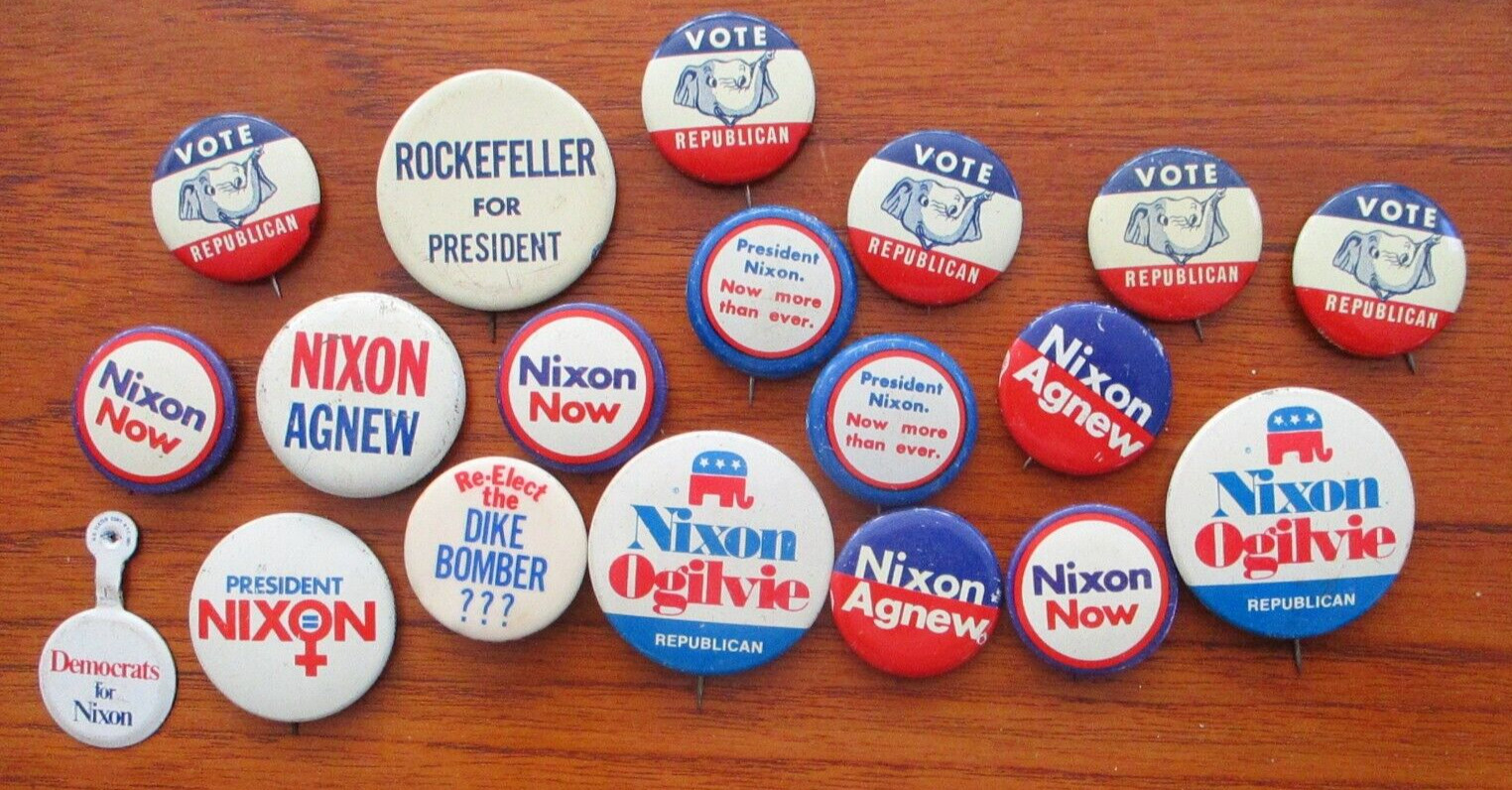 Collection of 1960\'s and 70\'s political Buttons Nixon McGovern Ogilvie Adlai