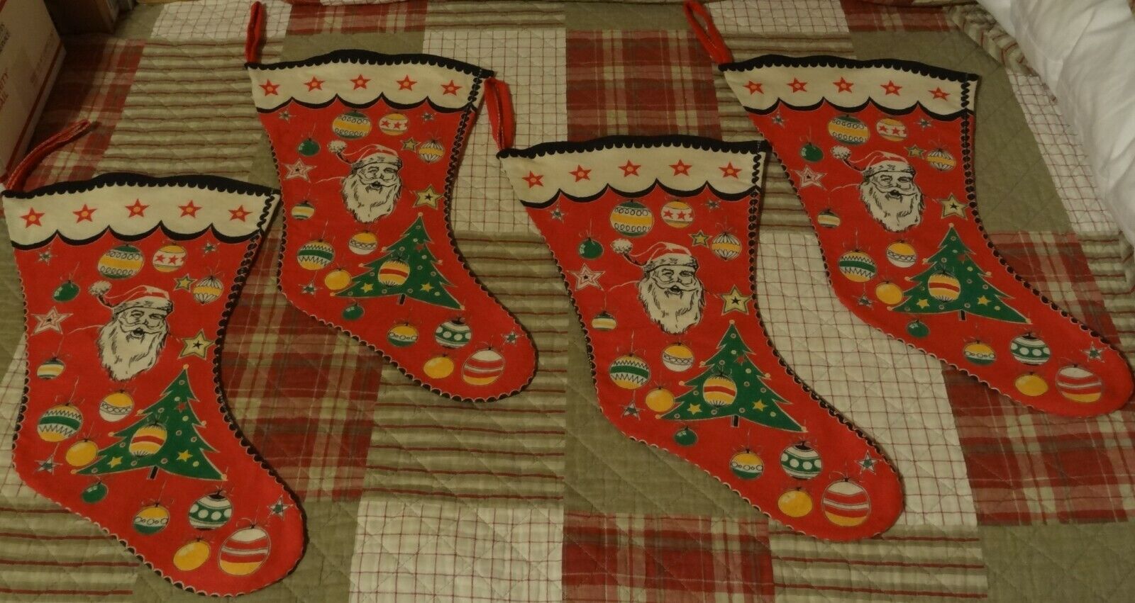 Lot 4 Vintage MERRY CHRISTMAS Flannel Stockings SANTA Bells Ornaments Stars Tree