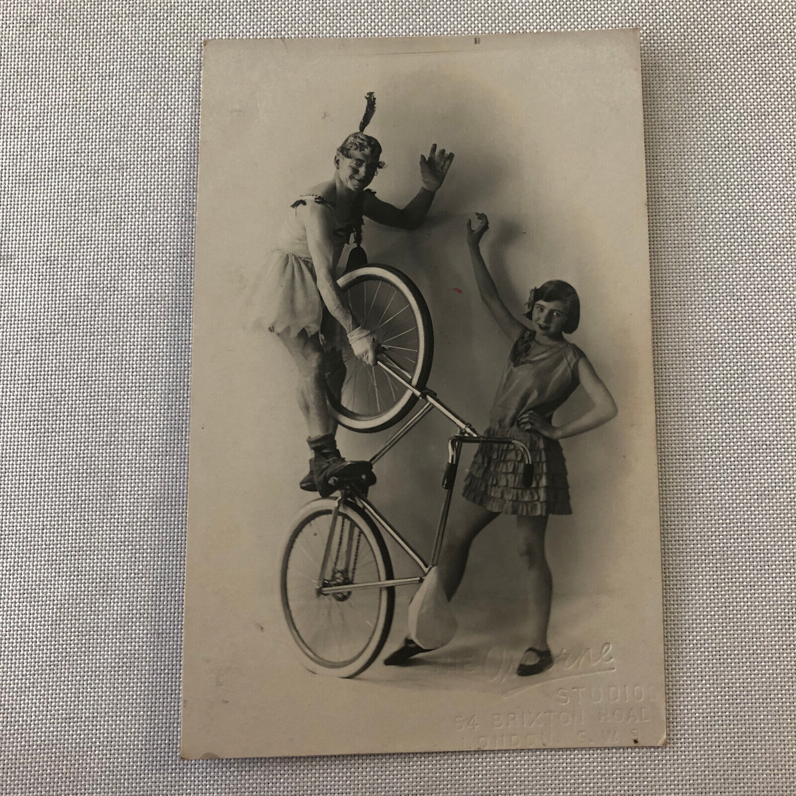 Circus Real Photo Postcard RPPC Acrobats Balancing Bicycle Act Man Woman Clown