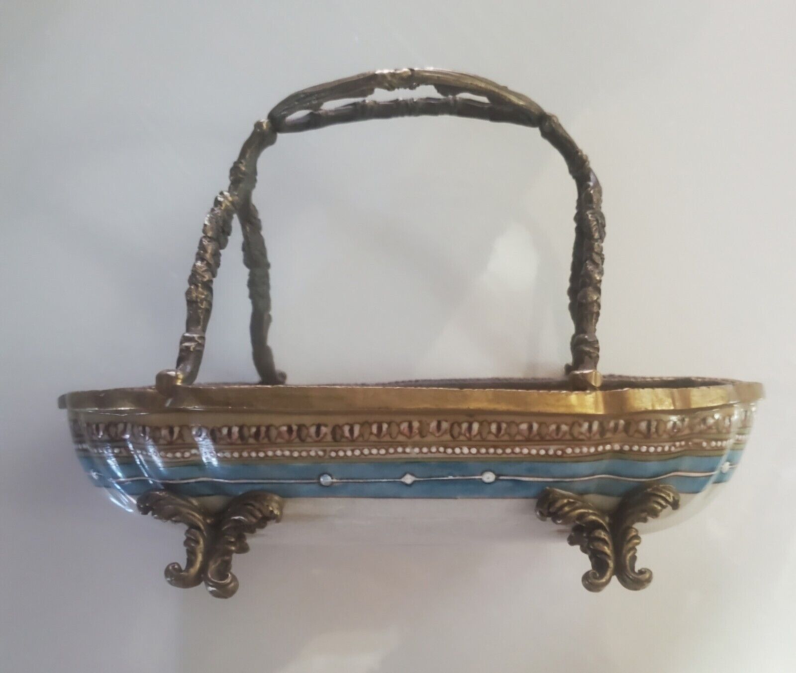 Vintage Hua Rong Tang Chinese Porcelain Basket With Bronze Double Handles