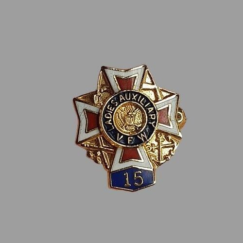 vtg Ladies Auxiliary VFW 15 years bar back lapel pin - red white blue enamel