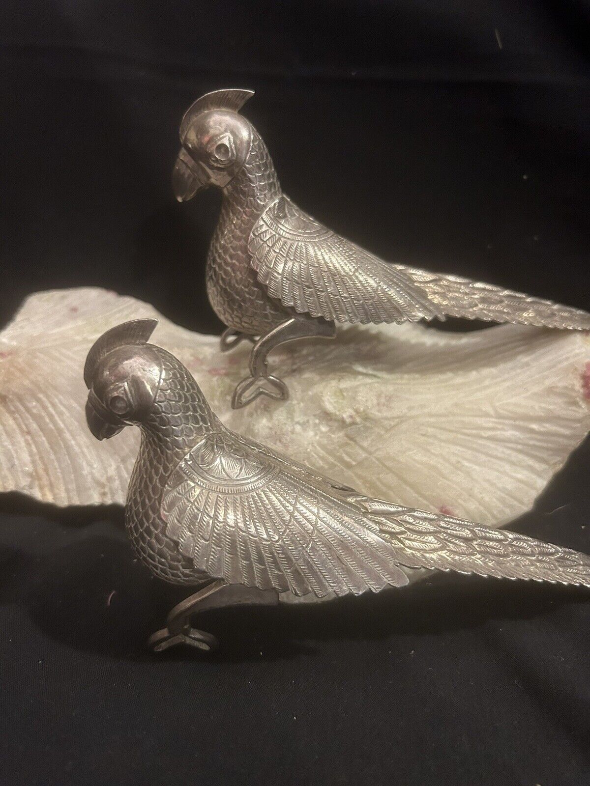 Vtg  Metal Pheasant Bird Figurines Male/Female Pair Silver Plate 8” Long