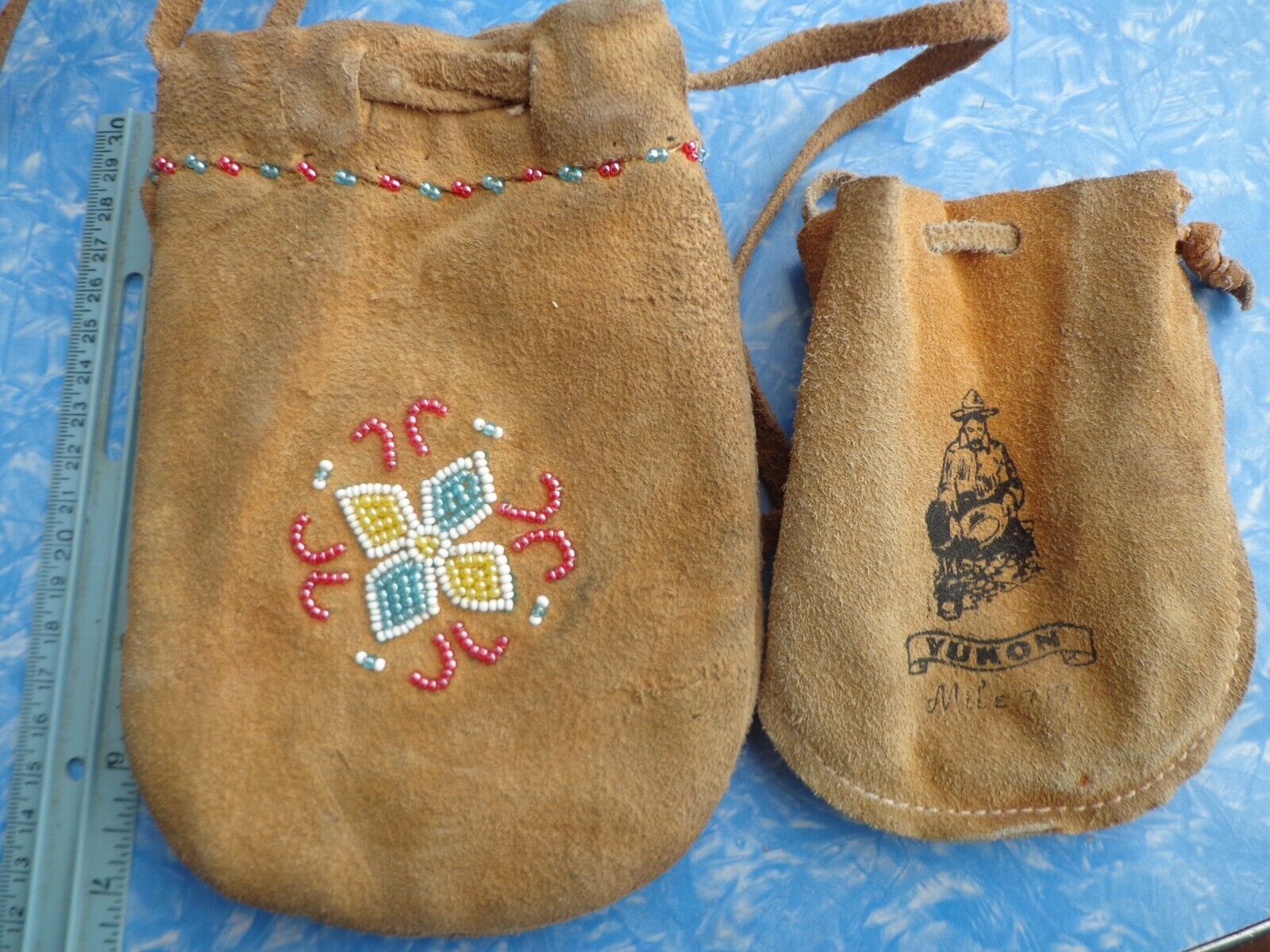VINTAGE BEADED LEATHER POUCH WITH DRAWSTRING AND YUKON PANNING FOR GOLD