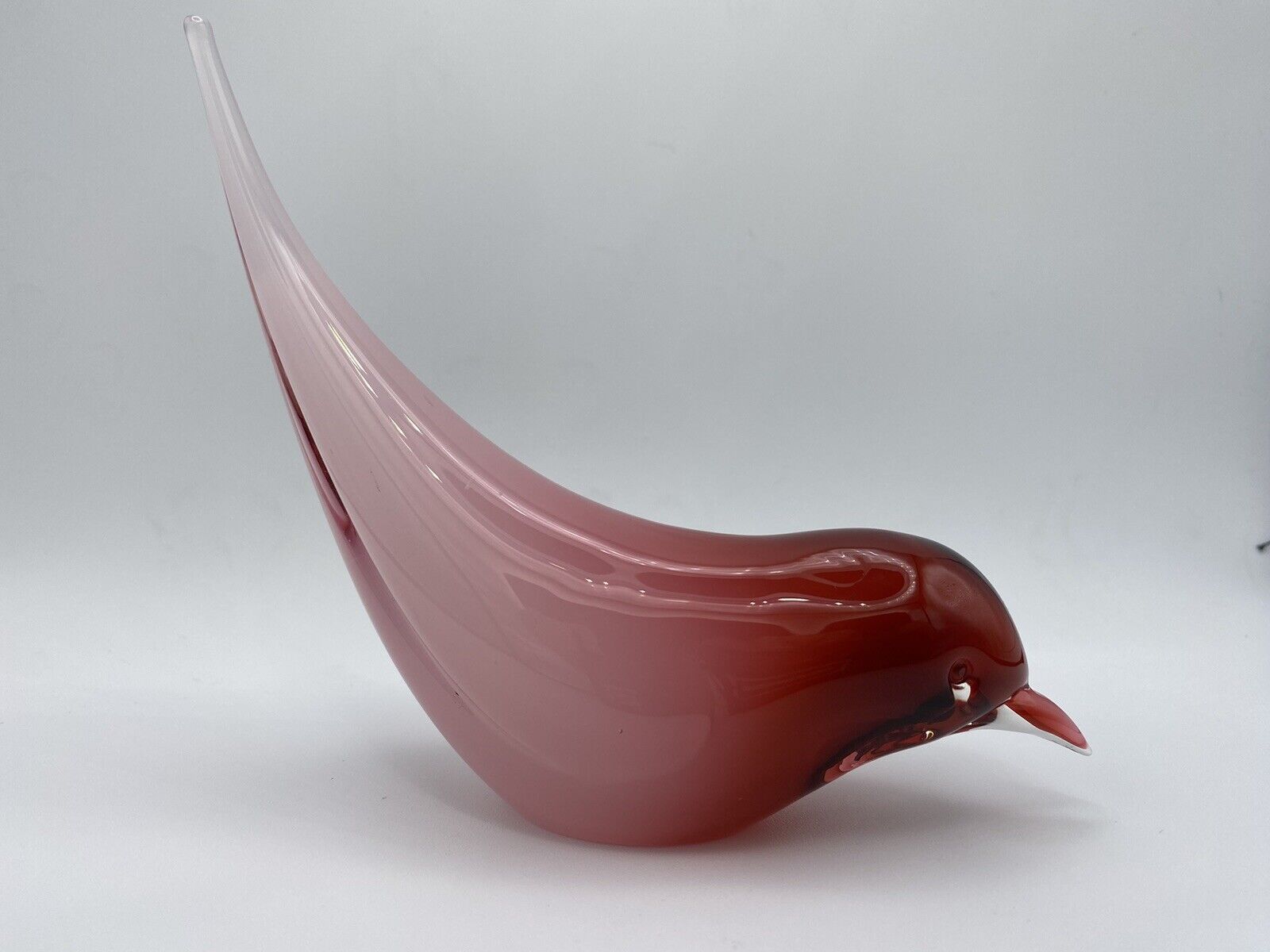 ELIO RAFFAELI Murano Red -Pink Art Glass Bird Sculpture (Signed) - VINTAGE
