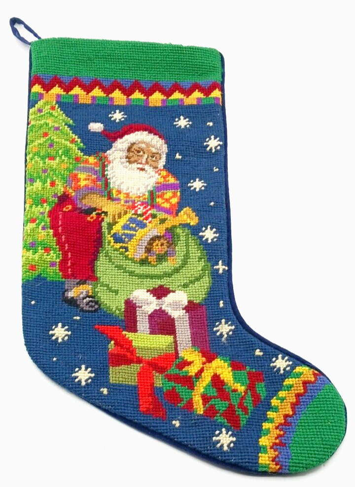 Christmas Needlepoint Stocking Santa Tree Presents Toys Gifts Blue Velvet Back