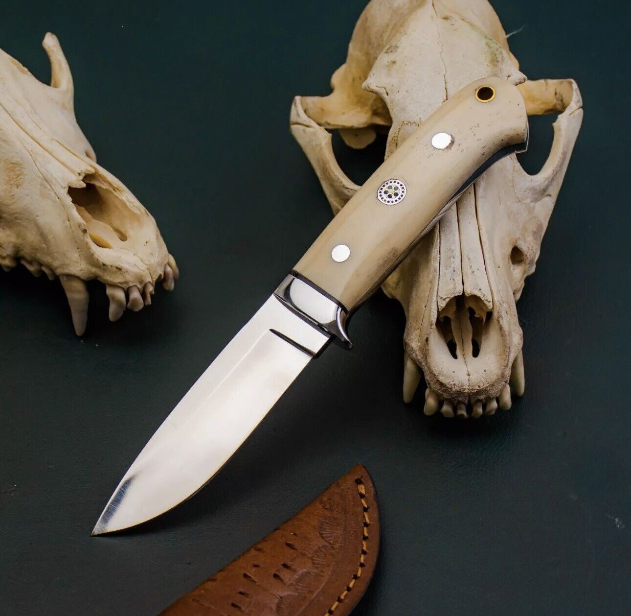 AB CUTLERY CUSTOM HANDMADE STEEL D2 SKINNER KNIFE HANDLE BY STEEL CLIP AND BONE