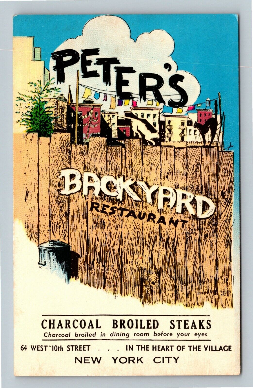 Peter\'s Backyard Restaurant Antique, Black Cat Vintage New York City Postcard
