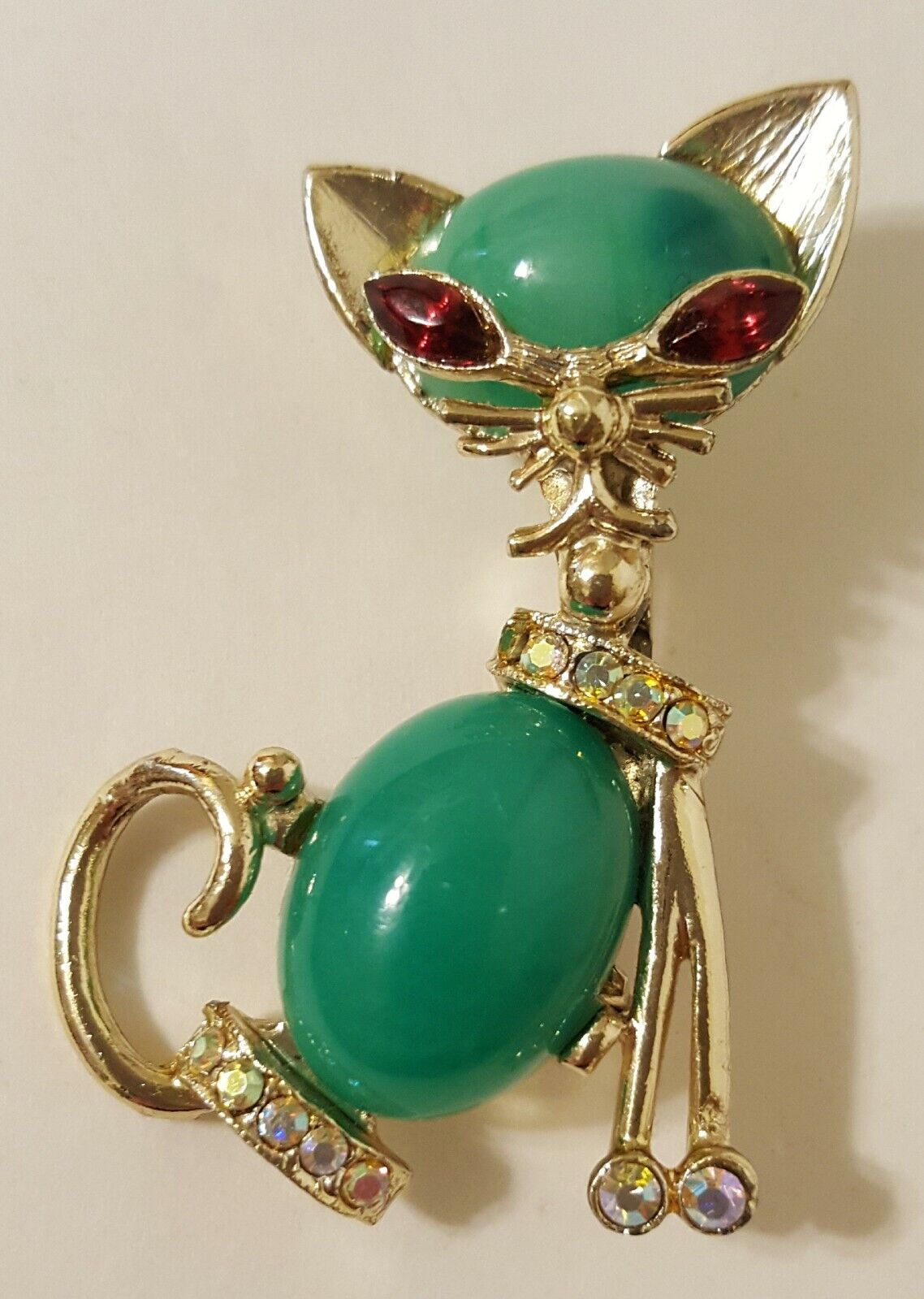 Kitty Cat Brooch Pin Goldtone Green Glass, Ruby & Clear Rhinestones 2\
