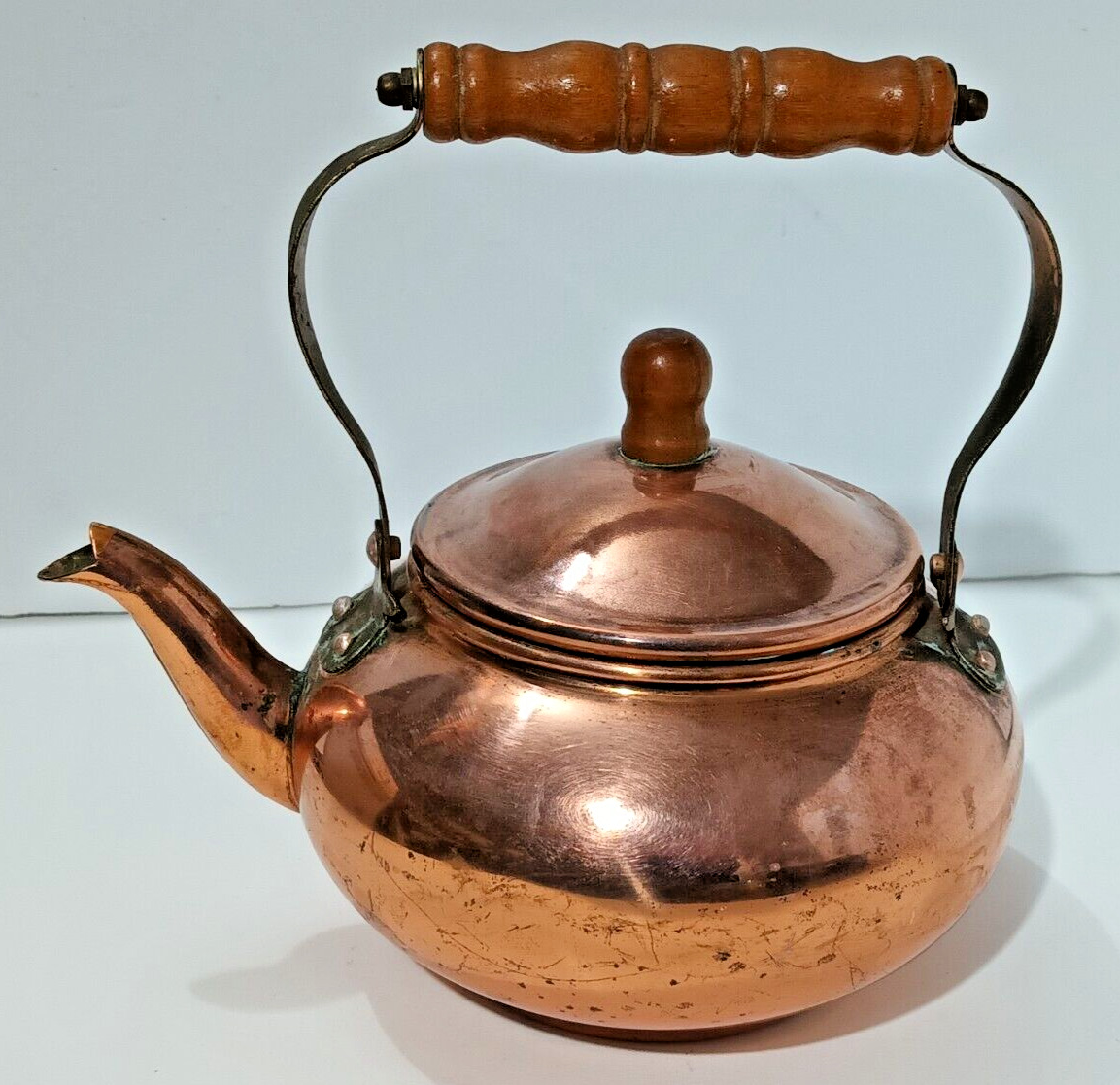Vtg Copper-Plated Tea Kettle Pot, Pivoting Metal & Wood Handle, Lid w Wood Knob