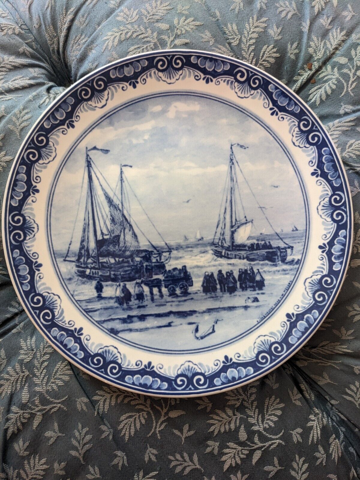 Royal Delft pottery Hendrik Willem Mesdag Ships scene wall plate blue & white