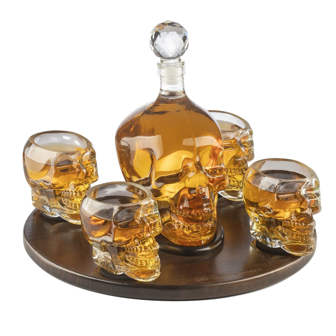 The Wine Savant Large Skull Decanter Set with 4 Skull Shot Glasses + Wooden Tray